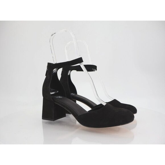 Eileen Fisher Indi Ankle Strap Pumps Suede Black Leather Size 9 Block Heel - Picture 1 of 10